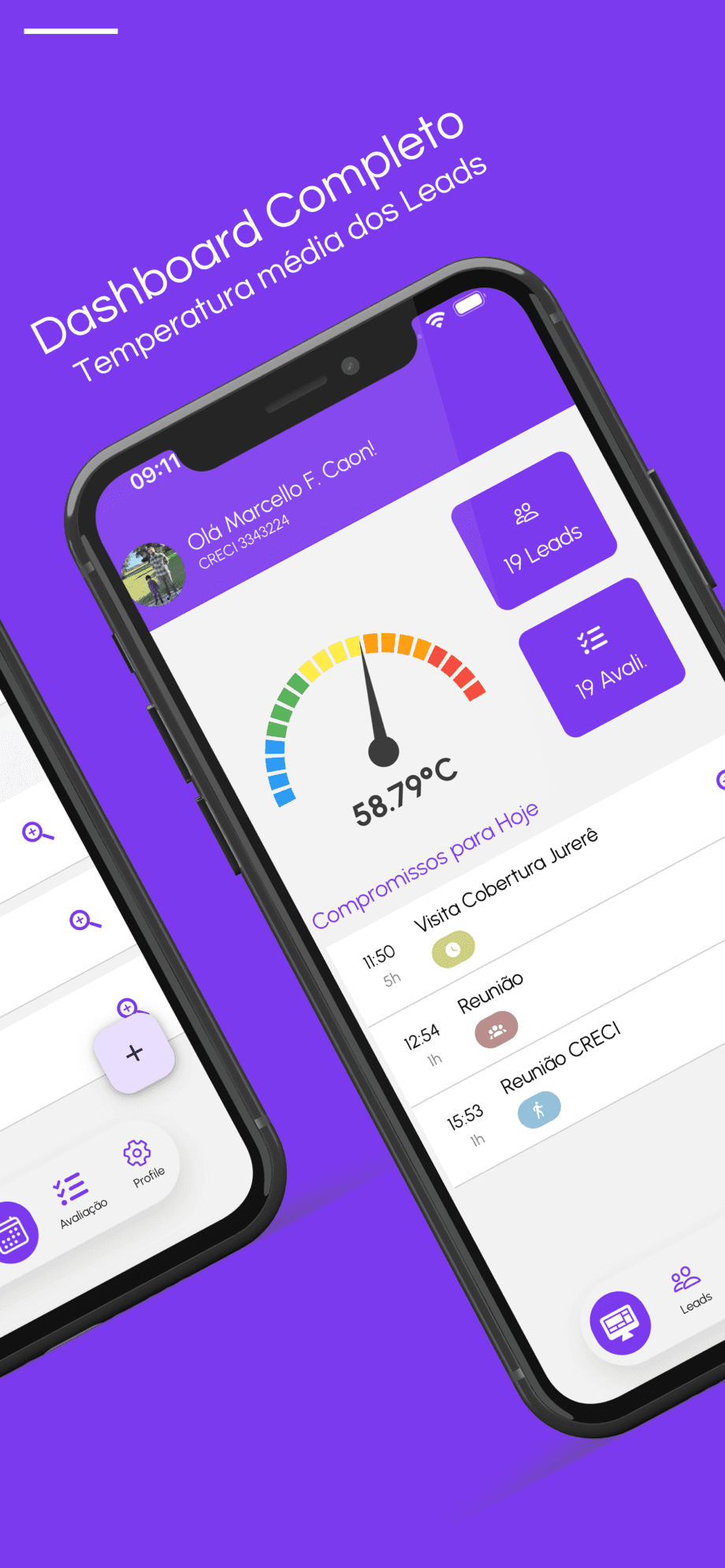 Dashboard do App Imobiliza com temperatura média dos leads e compromissos do dia
