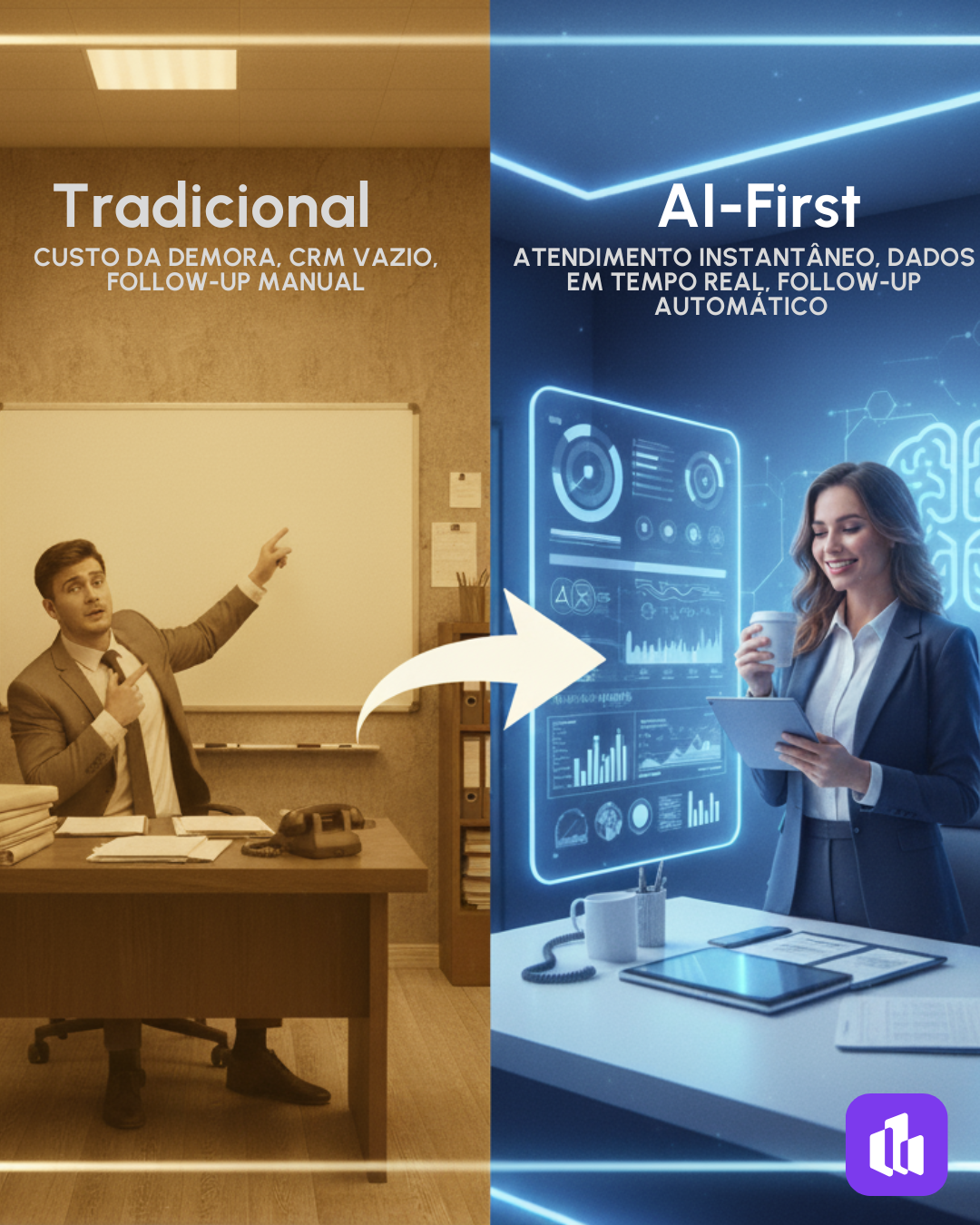 Comparativo do modelo Tradicional vs. AI-First nas imobiliárias