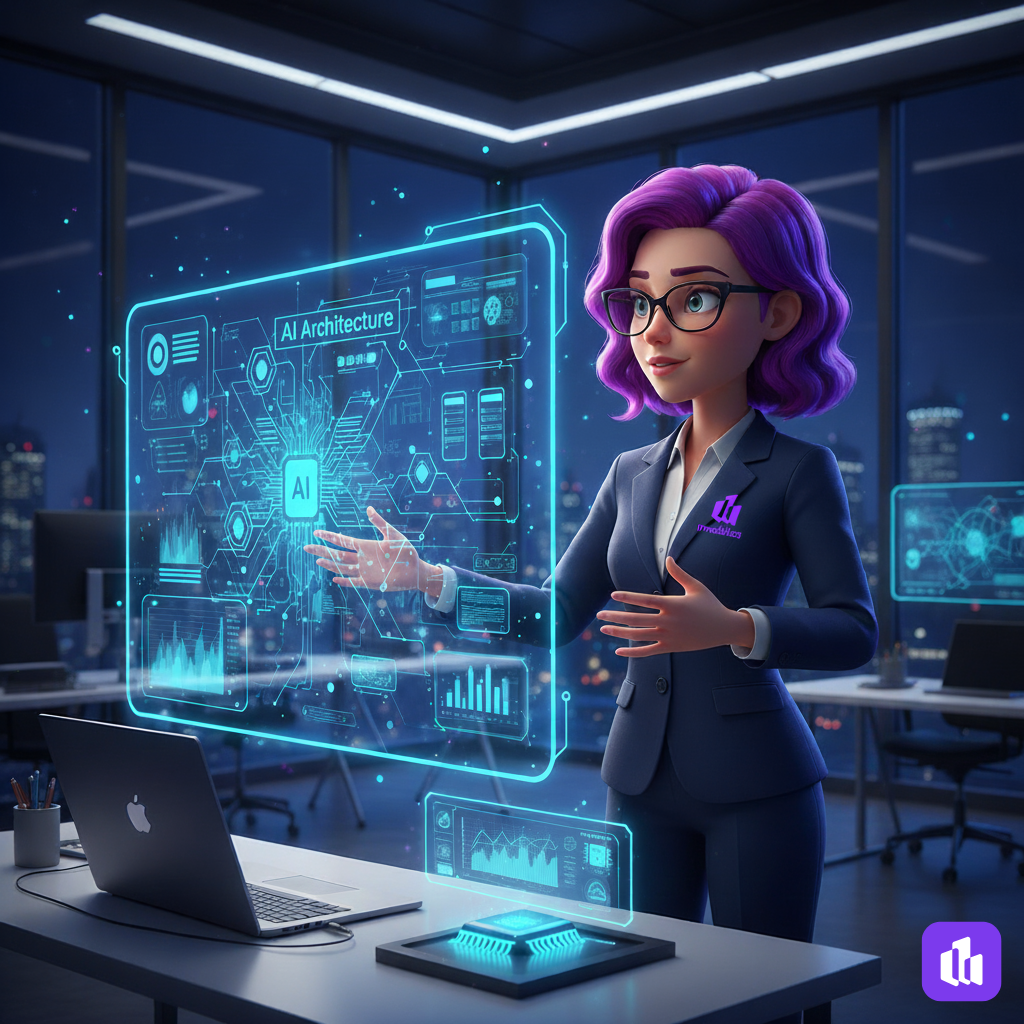 Iza mexendo em tela futurista, com seu cabelo roxo como de costume, terninho com logo Imobiliza
